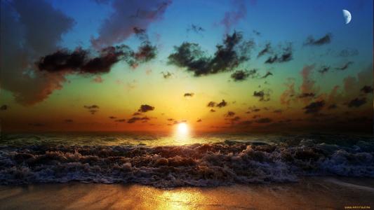 自然，日落，海