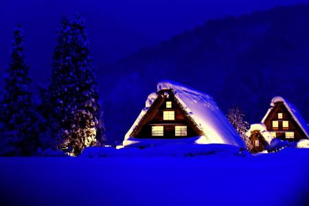冷杉，光，冬天，房子，山，雪，树，房子