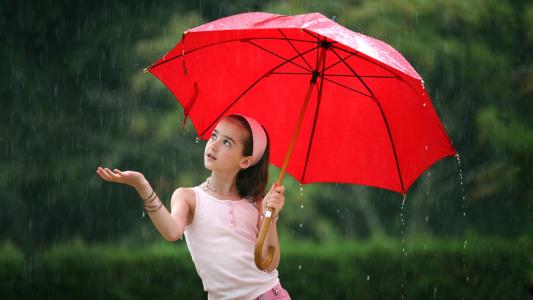 女孩，伞，红色，雨