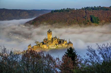 自然，景观，建筑，城堡，雾，丘陵，树，德国，森林，教堂