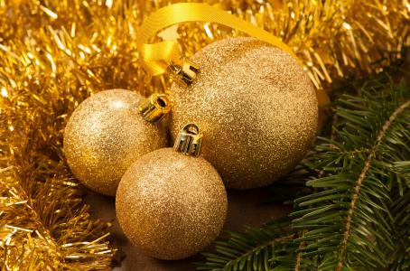 球，金，雨，金属丝，圣诞树，分支机构，新年，圣诞节