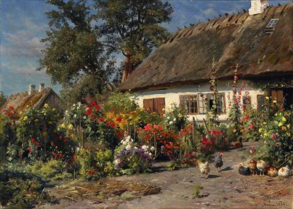 peder monsted，house，hut，chickens，flowers，1919