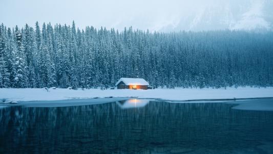 山，冬天，湖，房子，冬天