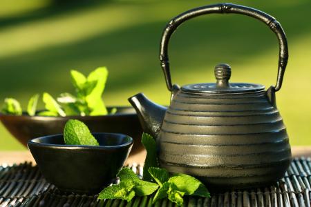 东茶，杯子，茶壶，薄荷