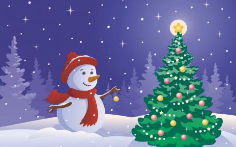 雪人，假期，毛皮树，打扮，球，玩具，雪，星星，心情，新的一年