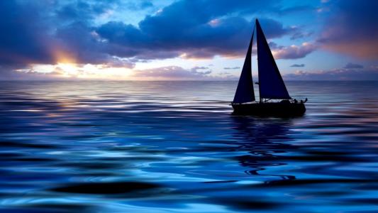 水，船，晚上，日落，海