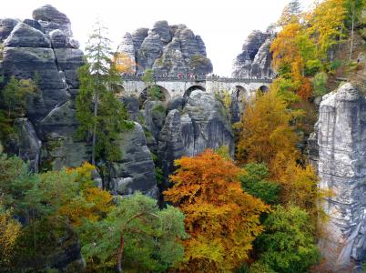 岩石，树木，桥，秋天