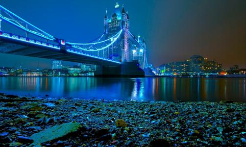 晚上，桥，河，城市，灯，照明，建筑物，伦敦，美容