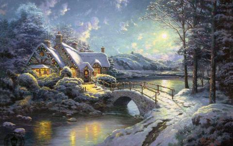 冬天，圣诞节，月光，森林，房子，河，桥，托马斯·金凯德
