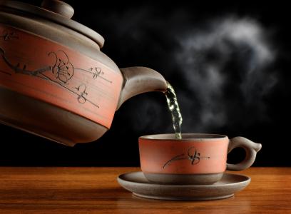 茶，绿色，蒸汽，杯子，茶壶，餐具，表，黑色背景
