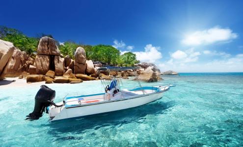船，岛，塞舌尔，热带地区，美丽，沙滩，石头，棕榈树