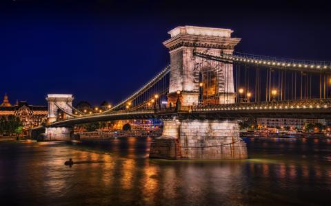 湾，布达佩斯，灯，晚上，桥，灯，河，链桥
