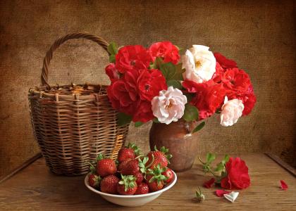 静物，鲜花，花瓶，玫瑰，草莓