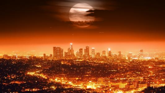 满月，美国，洛杉矶，天际线，夜，城市，灯