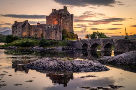 苏格兰，城堡，池塘，桥梁，Eilean Donan城堡，城市