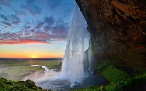 冰岛，性质，冰岛，瀑布，天空，云，日落，美丽
