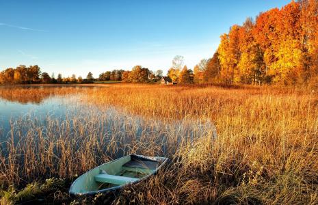 自然，湖，秋，小船，美丽，天空，树木，房子，钓鱼