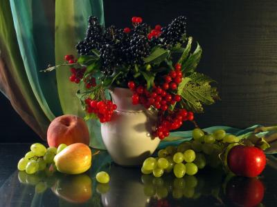 水果，山灰，花瓶
