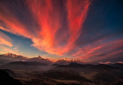 西藏，山，日落，天空，全景