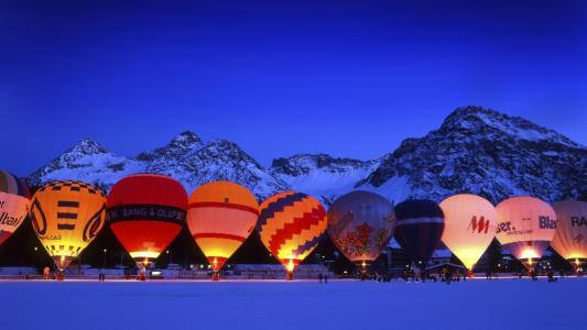 气球，飞行，自然，山，冬天，晚上