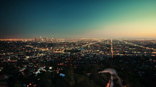 城市，城市，灯光，日落，洛杉矶，从上面，晚上