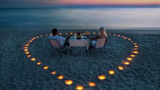 海，晚上，蜡烛，晚餐，沙滩，浪漫