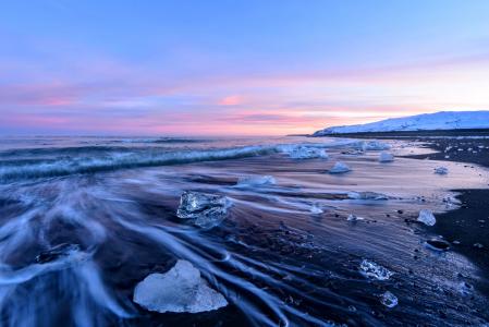 冰岛，海洋，日落，钻石海滩，谢尔盖Kichuk