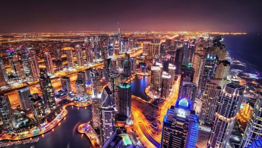 城市，迪拜，阿联酋，晚上，灯光