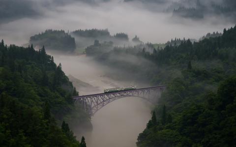 火车，风景，照片，桥，自然，山，雾，河