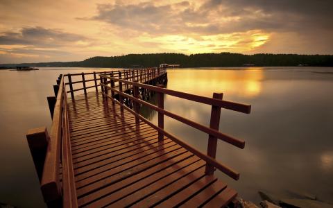日落，桥，景观，湖