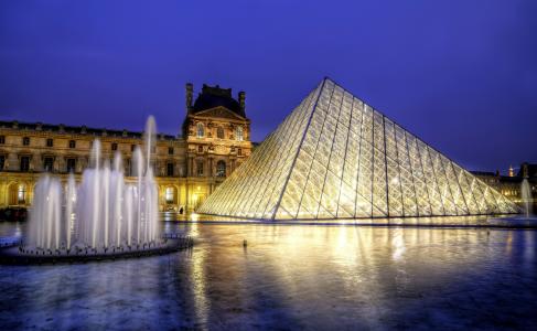 巴黎，法国，法国，博物馆，金字塔，喷泉，建筑，城市，晚上，卢浮宫