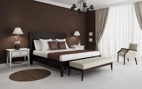 风格，3d，棕色，设计，室内，卧室，白色