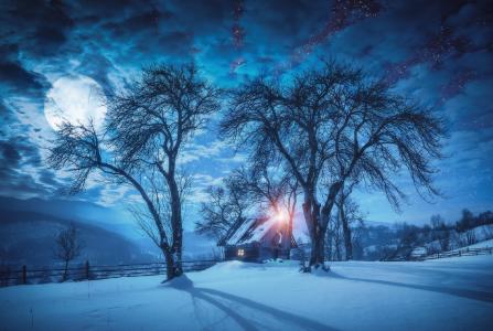 冬天，晚上，树木，雪，小屋，光，满月，Vitaliy Bashkatov