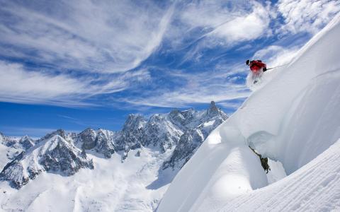 天空，高山滑雪，滑雪，云，雪，山