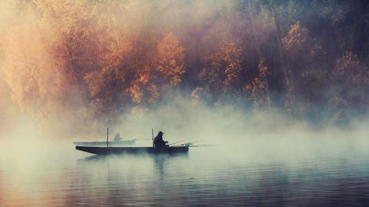秋天，钓鱼，河，渔民，雾，美丽，度假
