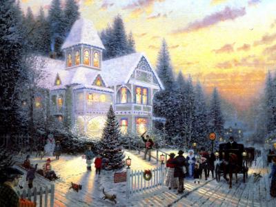 新的一年，维多利亚时代的圣诞节，圣诞节，托马斯kinkade，圣诞树，山寨
