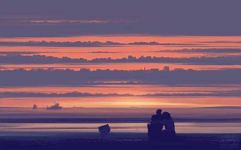 浪漫情侣夕阳海边手绘