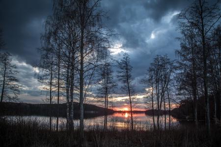 湖，景观，芬兰，春天，晚上，湖，性质