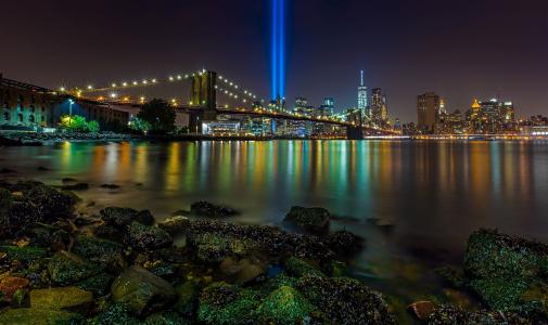 布鲁克林大桥，曼哈顿，纽约市，东河，光明之光，布鲁克林大桥