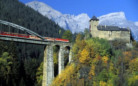 火车，桥，火车，山，奥地利，Osterreich，城堡，美丽，秋天
