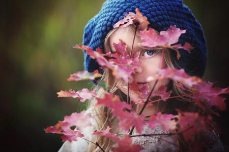 琥珀色Bauerle，孩子，女孩，贝雷帽，看，枝，叶子，枫树，秋天
