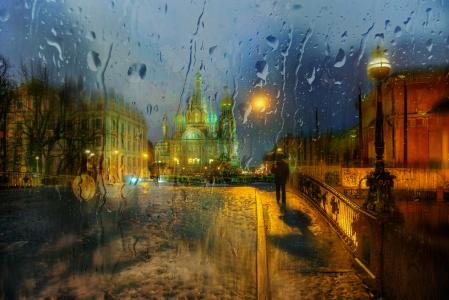 冬天的雨，桥，大教堂，Gordeev爱德华