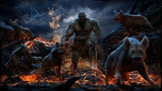 艺术，Mahmmoud Salah Ali，鬣狗，火，熔岩，岩石，怪物，野兽，食肉动物