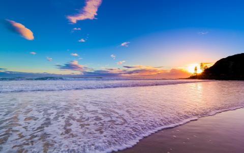 岸，日出，海，波浪，澳大利亚