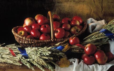 静物，红色，苹果，柳条，篮子