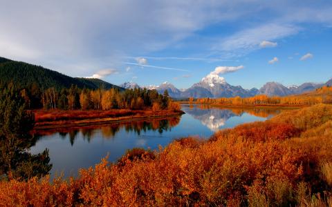河流，山脉，秋天，美景