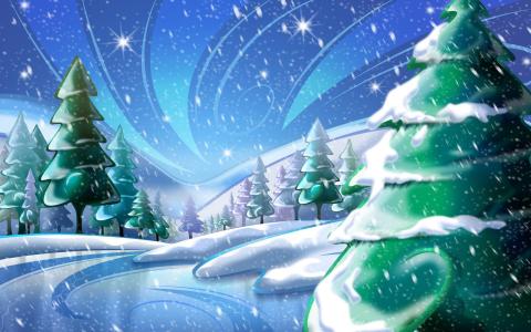 绘图，雪，圣诞树，新的一年