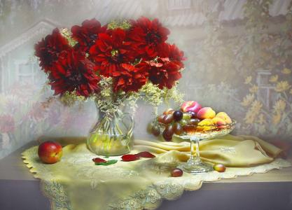 Valentina Kolova，静物，静物，水罐，鲜花，大丽花，餐巾纸，花瓶，水果，苹果，葡萄，杏子