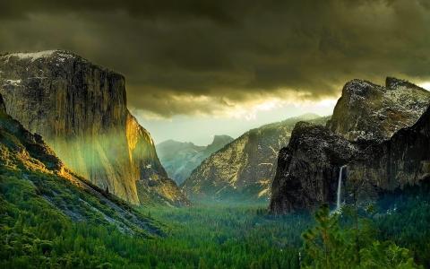 优胜美地国家公园，自然，美国，美丽，山，岩石，瀑布，公园，主题，天空，阴，森林