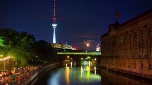 德国，柏林，河，晚上，路堤，建筑物，灯，照明，桥，塔，天空，美女，月亮